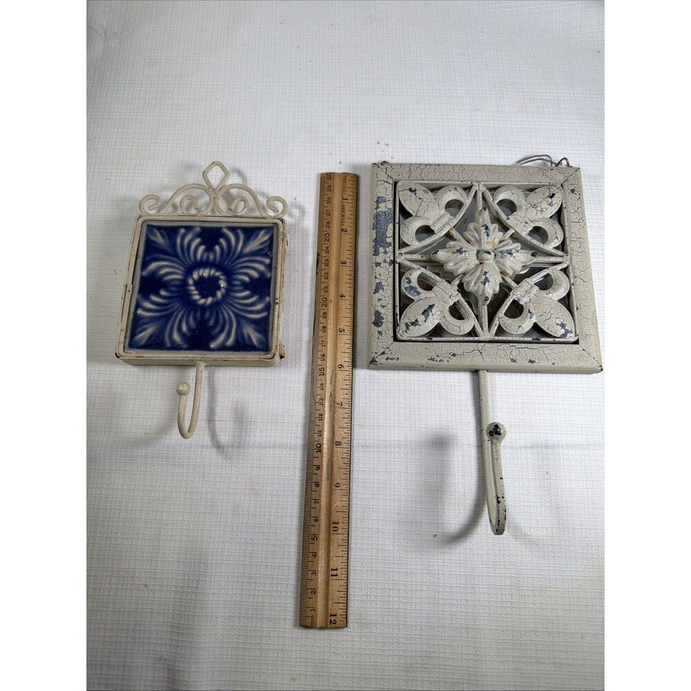 Set of 2 Vintage Ceramic Tile and Metal Wall Hooks Distressed Shabby Chic Duo